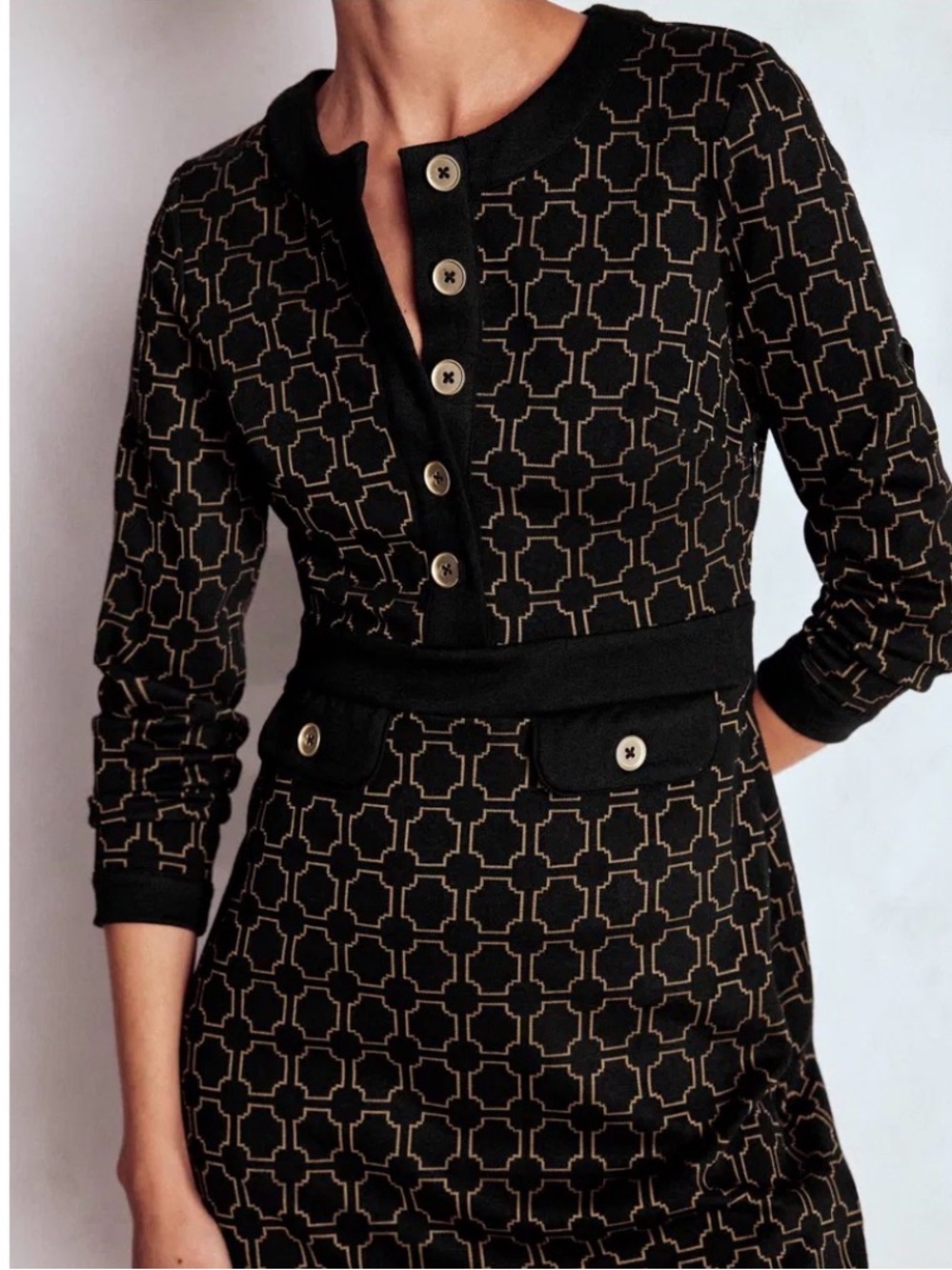 Boden Lavinia black gold print button midi dress NWT